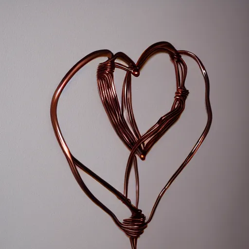 Prompt: photo of a beautiful organic sculpture made of copper wires and pipes in the shape of a human heart. studio lighting, high resolution