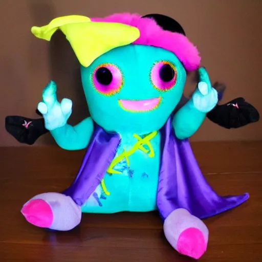 Prompt: an adorable plush of a bipedal kracken wearing a vampiric cloak playing a violin with Lisa frank inspired colors