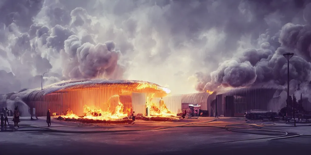 Prompt: beautiful digital illustration of a ikea on fire, curvilinear architecture, fluffy pastel clouds, cinematic, architecture, concept art, deviantart, artsation, artstation hq, hd, 1 6 k resolution, smooth, sharp detail, amazing depth, octane, finalrender, unreal engine