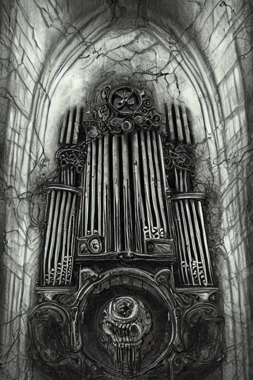 Prompt: ornate stone pipe organ drenched in black goop and machinery, lovecraftian, horror art, 4K, dark art, artstation, dramatic lighting,