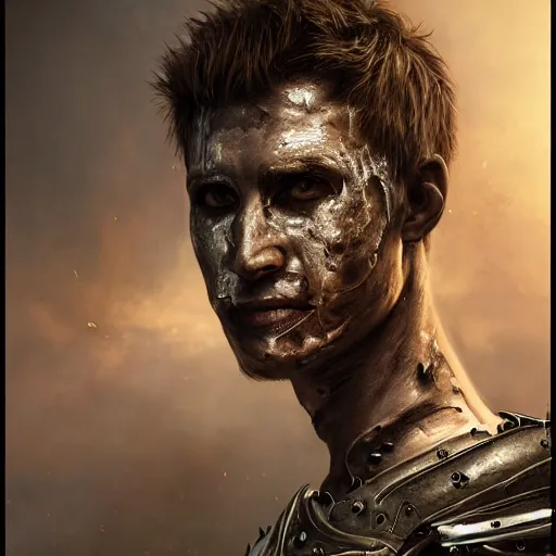 Prompt: portrait painting of a bitter young man with severe burn scars on his cheek and uneven very short hair wearing tattered leather armor, ultra realistic, concept art, intricate details, eerie, highly detailed, photorealistic, octane render, 8 k, unreal engine. art by artgerm and greg rutkowski and charlie bowater and magali villeneuve and alphonse mucha