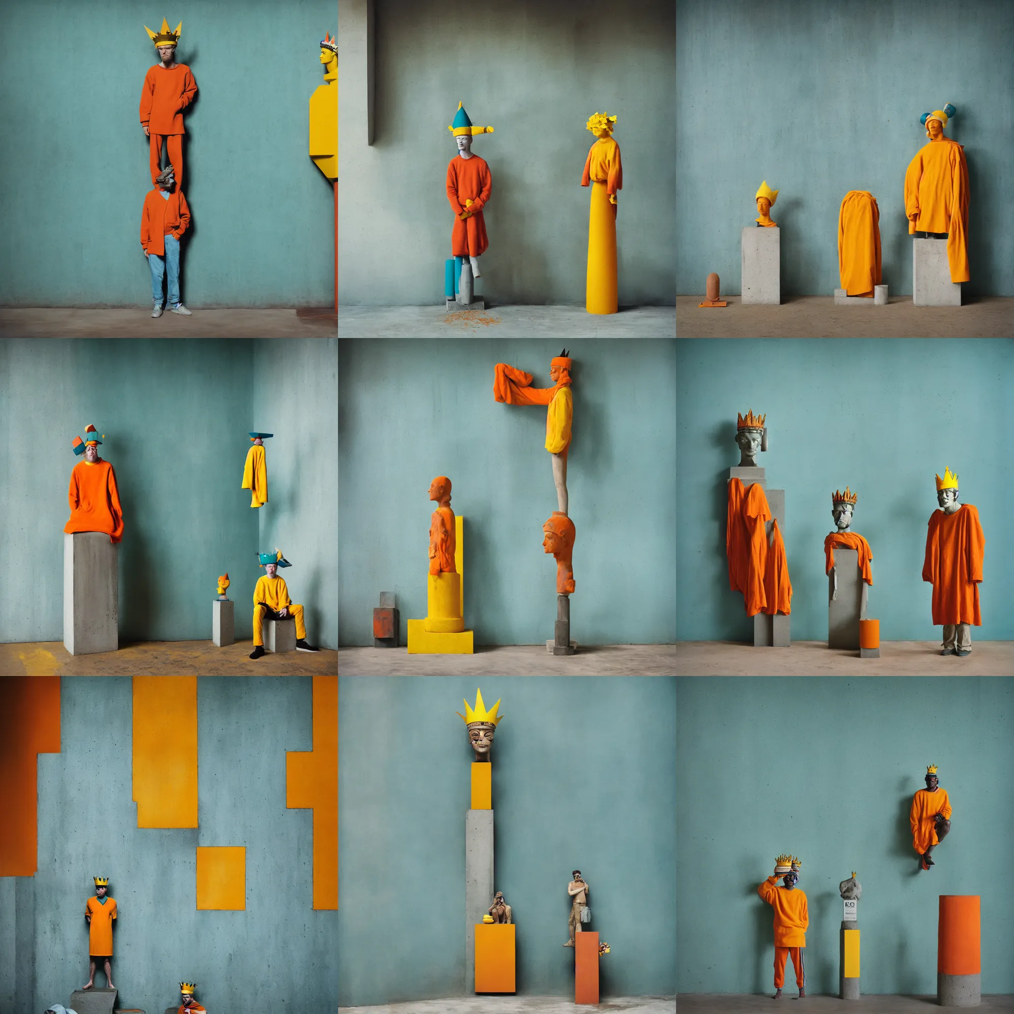 Image similar to kodak portra 4 0 0, 8 k, shot of a highly detailed, britt marling style, colour still - life portrait of a large minimalistic room, rough concrete walls, a single rough carved wooden teal and orange striped coloured statue is standing on a concrete podest with a yellow crown on his head, muted colours