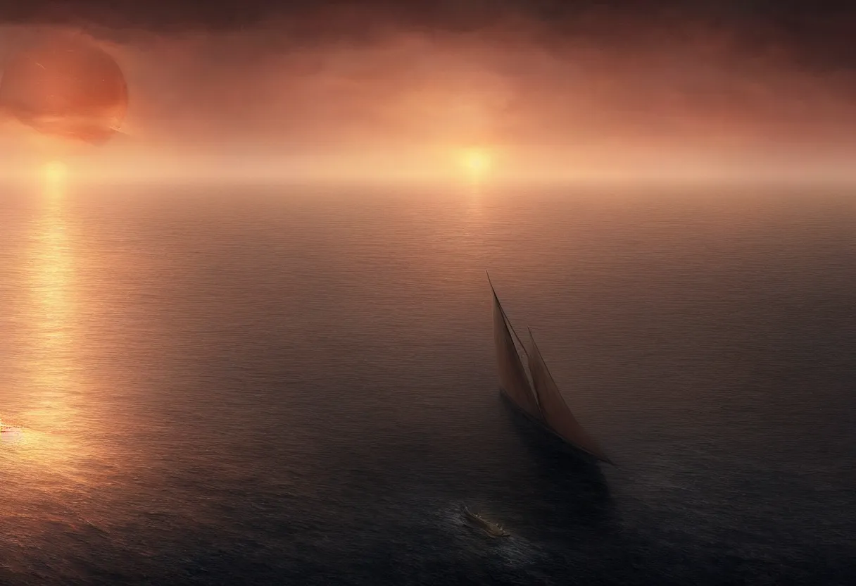 Image similar to strange sea surface of autumn planet at sunset, sailing ship on horizon, ultra high definition, ultra detailed, symmetry, fog, matte painting, by greg rutkowski and ross tran and wlop