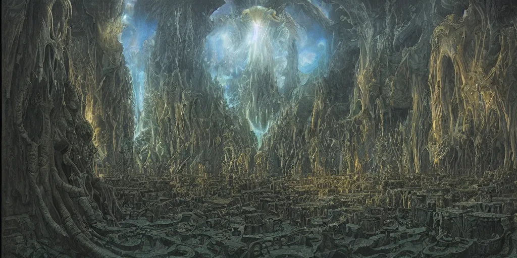 Image similar to Artwork by John Howe of the cinematic view of the Great Sanctum of Annihilation.