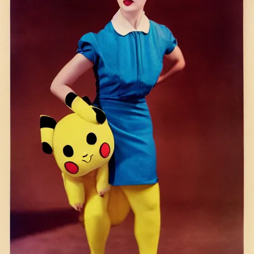 Image similar to elegant woman dressed up as pikachu, art photo in color Frantisek Drtikol, digital photo, clean, sharp, smooth, glossy photo