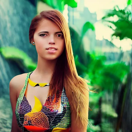 Prompt: a portrait photo of a beautiful young woman in a futuristic tropical city, very sharp and detailed image, award winning