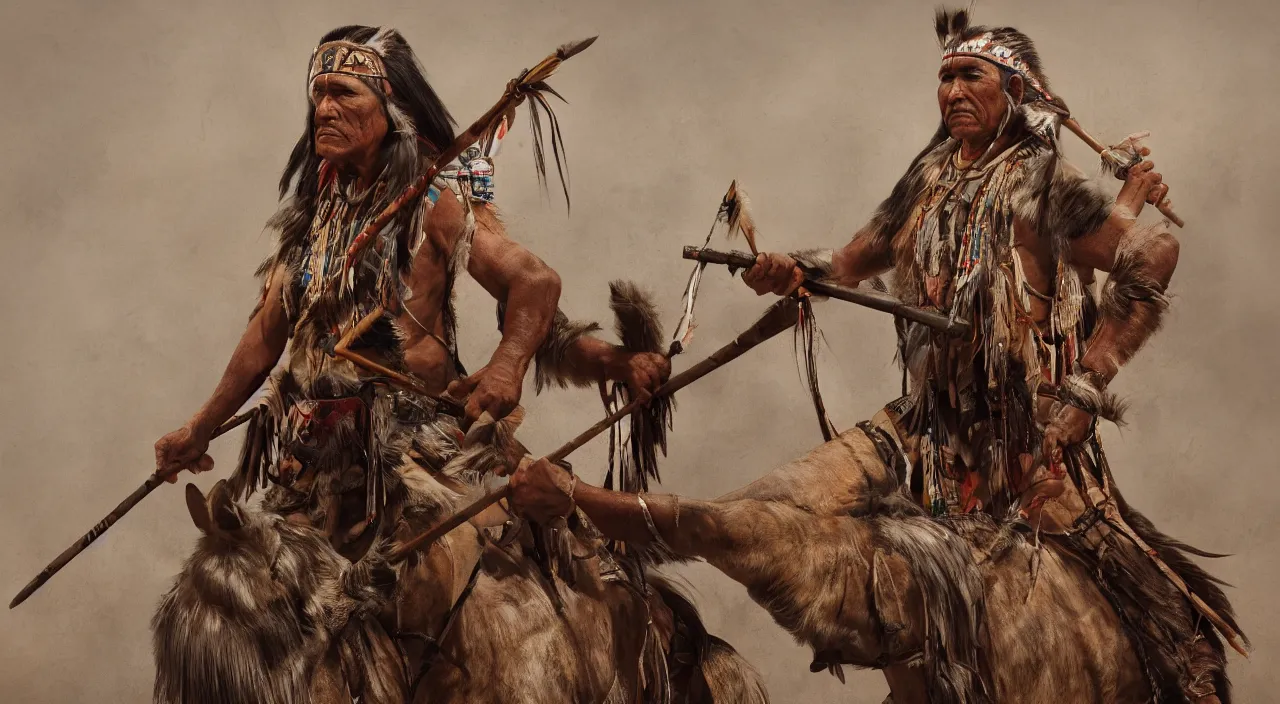 Image similar to a native american chief holding a spear while sitting on a war horse, in the style of greg overton, hyperdetailed, hyperrealism, octane render, golden ratio, 4 k,