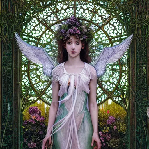 Image similar to aerith gainsborough, intricate, elegant, hyper detailed, finely detailed beautiful angelic symmetry face delicate, smooth, sharp focus, award - winning, masterpiece, in bloom greenhouse, shining light came in through the window, style of tom bagshaw, cedric peyravernay, peter mohrbacher, louis comfort tiffany, victo ngai, 4 k hd illustrative wallpaper