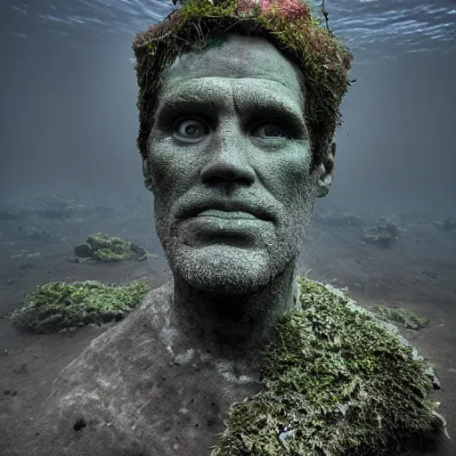 Prompt: Award-winning photograph by Mar Mann. The photo depicts a decaying roman bust of Jim Carrey overgrown with moss at the bottom of the sea in the middle of ruins of civilization. Minimalism, high definition, perfect composition. Deep sea picture. Very dark. Volumetric Lighting. Fish. Darkness. Ruins