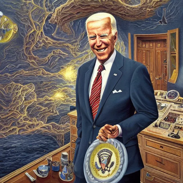 Image similar to an oil on canvas portrait painting of joe biden at the white house, surrealism, surrealist, cosmic horror, rob gonsalves, high detail