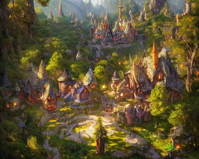 Image similar to fantasy village next to a forest, aerial view, deep focus, d & d, fantasy, intricate, elegant, highly detailed, digital painting, artstation, concept art, matte, sharp focus, illustration, hearthstone, art by artgerm and greg rutkowski and laura sava and alphonse mucha