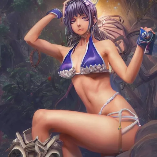Image similar to photograph of pretty anime girl in bikini, jojo's bizarre adventure live action, fantasy, intricate, elegant, highly detailed, artstation, concept art, matte, sharp focus, illustration, hearthstone, art by artgerm and greg rutkowski