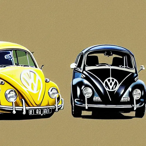 Prompt: the beatles as volkswagen beetles and insect beetles, highly detailed illustration, artistic blur