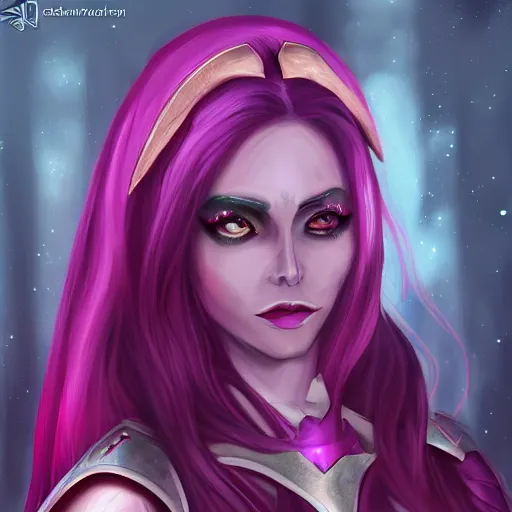 Image similar to portrait of a female high elf with magenta eyes and dark hair, digital art dnd beyond trending on art station 8 k