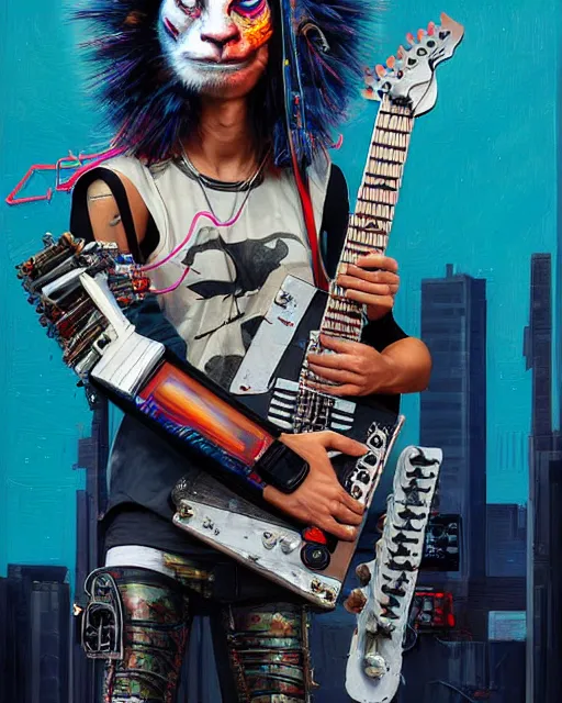 Image similar to a portrait of an anthropomorphic cyberpunk lama shredding an electric guitar by sandra chevrier, by jon foster, detailed render, tape deck, epic composition, cybernetics, 4 k realistic, cryengine, realistic shaded lighting, sharp focus, masterpiece, by enki bilal