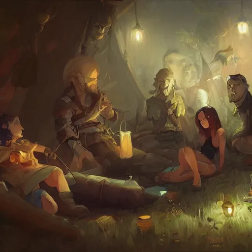 Image similar to A party of adventurers resting in camp at night, D&D, fantasy, digital painting, detailed, artstation, pixiv, Krenz Cushart, Greg Rutkowski