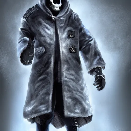 Prompt: hyperrealist digital art illustration of sans undertale in a rugged fantasy coat / jacket, 8 k, hyper detailed, professional digital paint techniques