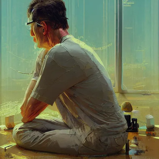 Image similar to patrick meditates, hyperrealism, no blur, 4 k resolution, ultra detailed, style of ron cobb, adolf hiremy - hirschl, syd mead, ismail inceoglu, rene margitte