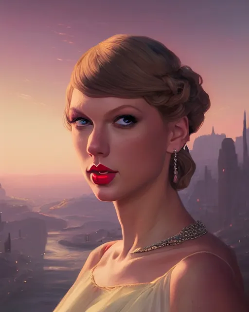 Image similar to portrait of taylor swift as an elegant renaissance goddess, in gta v, stephen bliss, unreal engine, by greg rutkowski, loish, rhads, makoto shinkai and lois van baarle, ilya kuvshinov, rossdraws, global illumination, radiant light, detailed and intricate environment, pastel lighting