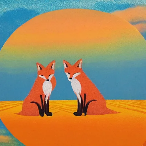 Prompt: foxes in a field made of cotton candy, orange sky