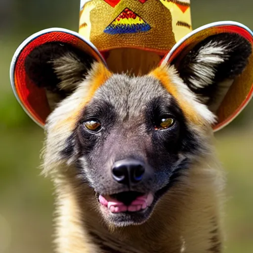 Prompt: A photo of the world's greatest sheriff: an african painted dog wearing a sombrero!