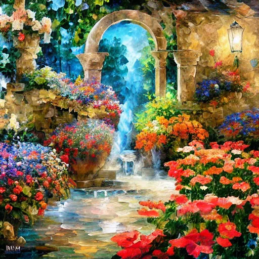 Image similar to flowers and fountains in valley village by arthur adams, charlie bowater, leonid afremov, chiho ashima, karol bak, david bates, tom chambers