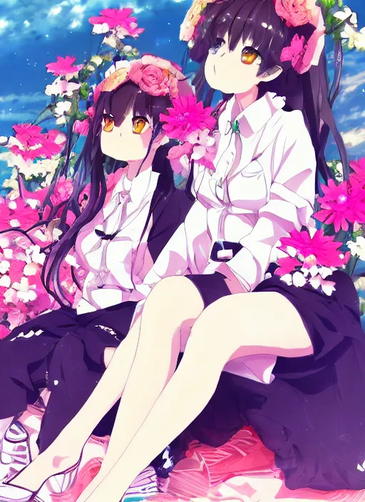 Image similar to two anime girls sitting next to each other, a detailed drawing by pu hua, trending on pixiv, synchromism, official art, made of flowers, anime aesthetic