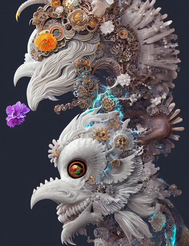 Image similar to 3 d goddess close - up profile solarpunk portrait ram skull. beautiful intricately detailed japanese crow kitsune mask and clasical japanese kimono. betta fish, jellyfish phoenix, bio luminescent, plasma, ice, water, wind, creature, artwork by tooth wu and wlop and beeple and greg rutkowski