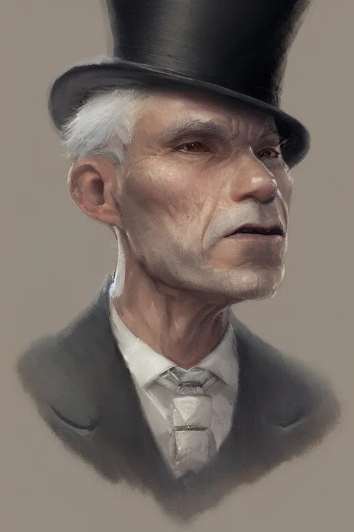 Image similar to a grey hair halfling with no beard top hat and suit by Greg Rutkowski, painting, portrait, high details, trending on artstation