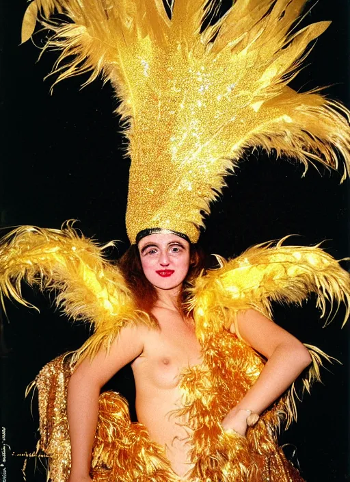 Image similar to realistic detailed photo of the sleeping person, wearing a golden leaf feathers fluffy fur carnival costume with golden sparkles. 1 9 9 0, life magazine reportage photo