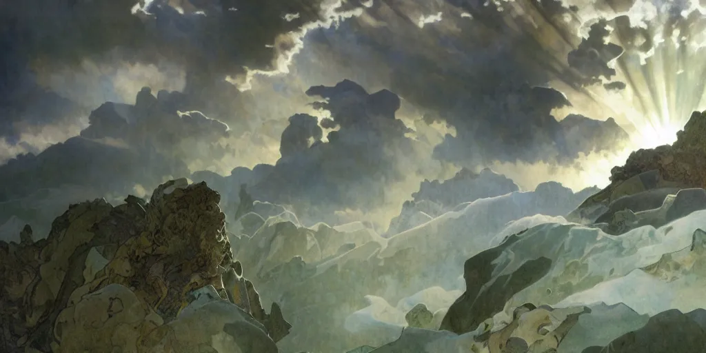 Prompt: photorealistic epic landscape with swirls of mist by alphonse mucha and maxfield parrish. ominous clouds, intense light beams, strange levitating stones, stones falling from the sky, swirls of mist by alphonse mucha. occult photorealism, uhd, amazing depth, glowing, volumetric lighting, cinematic lighting.