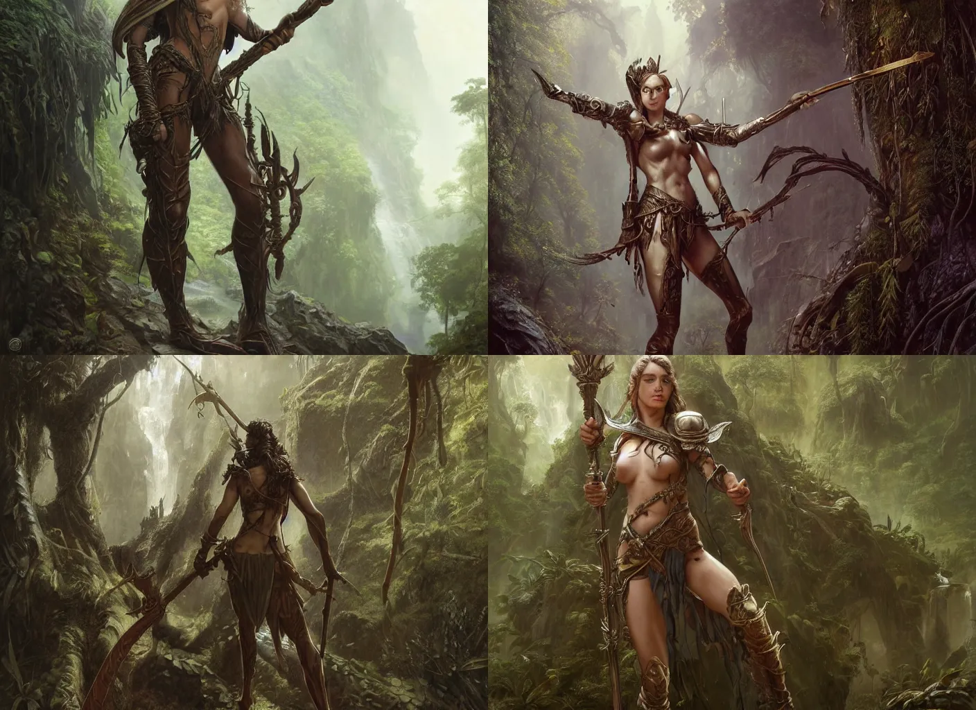 Prompt: ''Artstation concept of a elven adventurer holding a staff, musculous, high body detail, leather armour, Rainforest background, hyperdetailed, cgsociety, by greg rutkowski, by Gustave Doré, by Marco Turini, by Artgerm, Deviantart in the style of Tom Bagshaw, Cedric Peyranavernay, Peter Mohrbacher''