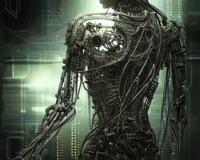 Prompt: photo of a biomechanical torso of a cyborg plugged into a quantum computer with cables and wires and optic fibers. cyberpunk horror style. art by luis royo. highly detailed 8 k. intricate. nikon d 8 5 0 5 5 mm. award winning photography.