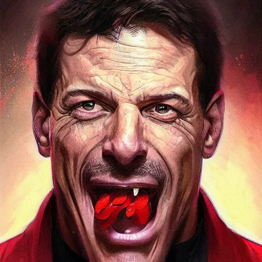 Prompt: portrait of Tony Robbins opening his mouth to eat pizza, also smashing pizza with his fists, highly detailed, digital painting, artstation, concept art, sharp focus, illustration, art by artgerm and greg rutkowski and alphonse mucha