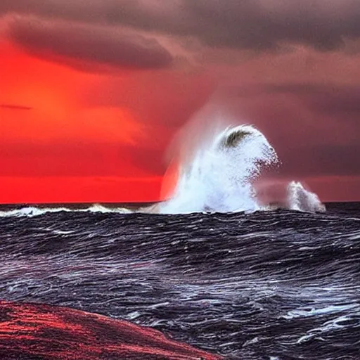 Prompt: “ highly realistic storm wave hitting a red lighthouse on a cliff ”