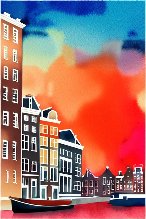 Image similar to minimalist watercolor art of amsterdam at sunset, illustration, vector art