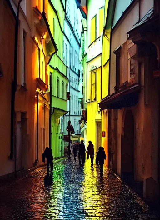 Prompt: colored gummy bears walking down a rainy cobbled street in sopron, by james gurney, cyberpunk, dystopian art, epic, dramatic lighting, intricate details, scifi, hd