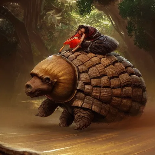 Image similar to yanonami riding a glyptodon, greg rutkowski, fantasy, intricate, elegant, highly detailed, digital painting, artstation, concept art, long shot, cinematic lighting