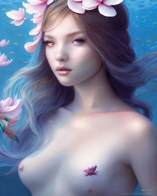 Image similar to character art of a goddess of magnolias as underwater angelic young female | | seductive - fine - face, pretty face, key visual, realistic shaded perfect face, fine details by stanley artgerm lau, wlop, nekro, james jean, andrei riabovitchev, marc simonetti, and sakimichan, trending on artstation