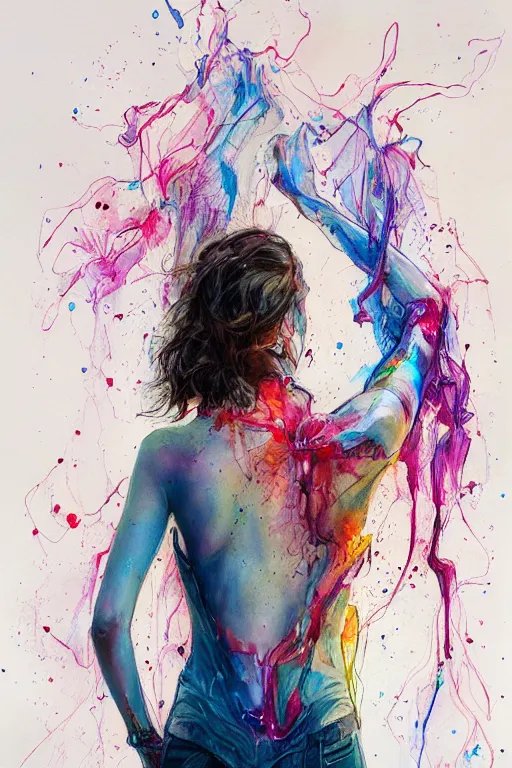 Image similar to gal gadot by agnes cecile enki bilal moebius, intricated details, 3 / 4 back view, full body portrait, extremely luminous bright design, pastel colours, drips, autumn lights