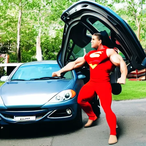 Image similar to super strong man lifting a car