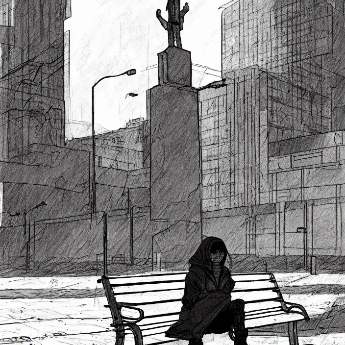 Prompt: storyboard : sadie sink in hoodie sat down on bench in ruined square, pedestrians walk by, old soviet monument nearby. scifi cyberpunk. drawn by gabriel hardman. cinematic atmosphere, detailed and intricate, perfect anatomy