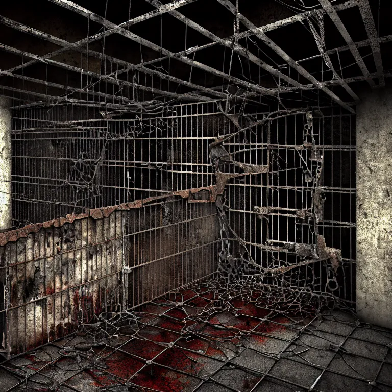 Prompt: An underground very dark gloomy multi-layered structure of rusty thick iron grates, dense chain-link fencing and peeling walls. Ugly human with long limbs sits on the floor. Inside view, collapsed floors, bent rusted iron, masterpiece, black background, corners, cinematic, hyperdetailed, photorealistic, hyperrealism, octane render, 8k, depth of field, bokeh, architecture, shadows, art by Zdzisław Beksiński, Arthur Rackham, Dariusz Zawadzki