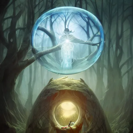 Prompt: an old wizard trapped inside a floating soap bubble among the trees, ethereal, fantasy, style of peter mohrbacher, dramatic lighting