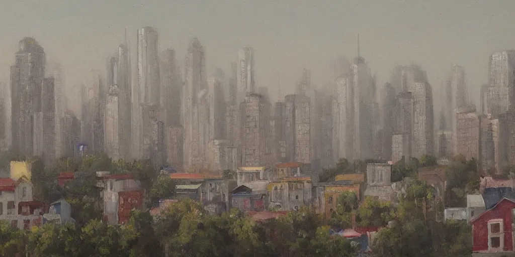 Image similar to In the foreground is a small white house, and in the background is the smoky China City, Stefan Hirsch painting style.