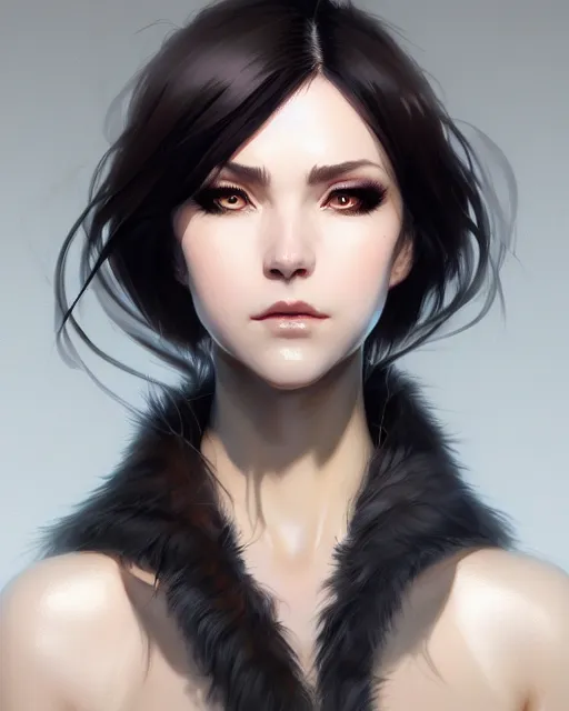 Image similar to fur - lined dragonhide jacket!!! beautiful and elegant female!! gorgeous ayes!! symmetry, character concept art, sharp focus, illustration, artgerm!! greg rutkowski! wlop!! ilya kuvshinov!! charlie bowater! octane render! unreal engine 5! highly rendered!! trending on artstation!!