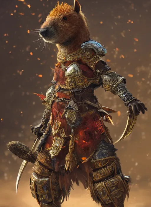 Image similar to detailed concept art illustration painting of an anthropomorphic capybara warrior in full intricate armor, Biomutant, ultra detailed, digital art, octane render, 4K