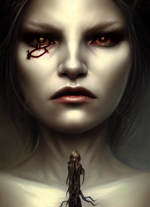 Image similar to closeup portrait shot of a female vampire in a scenic dystopian environment, intricate, elegant, highly detailed, centered, digital painting, artstation, concept art, smooth, sharp focus, illustration, artgerm, tomasz alen kopera, peter mohrbacher, donato giancola, joseph christian leyendecker, wlop, boris vallejo