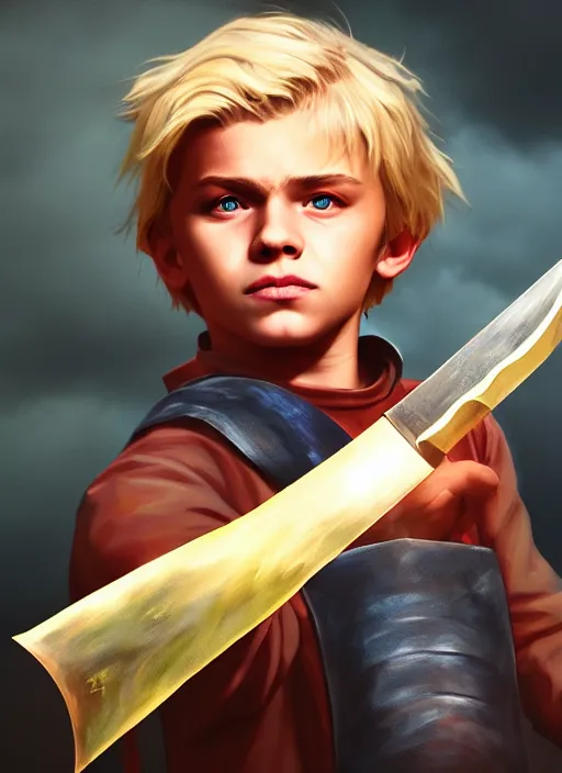 Prompt: An epic fantasy comic book style portrait painting of a young blonde boy thief holding a dagger, unreal 5, DAZ, hyperrealistic, octane render, cosplay, RPG portrait, dynamic lighting