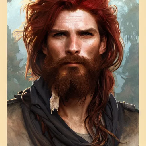 Prompt: portrait of a young ruggedly handsome but joyful pirate, male, masculine, upper body, red hair, long hair, d & d, fantasy, sharp features, intricate, elegant, highly detailed, digital painting, artstation, concept art, matte, sharp focus, illustration, art by artgerm and greg rutkowski and alphonse mucha